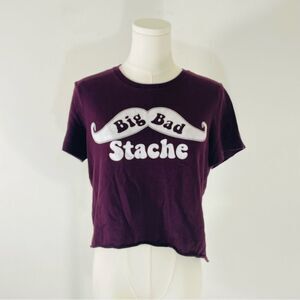 Bella "Big Bad Stache" Maroon Red Cropped Short Sleeve Tee Shirt Size XL